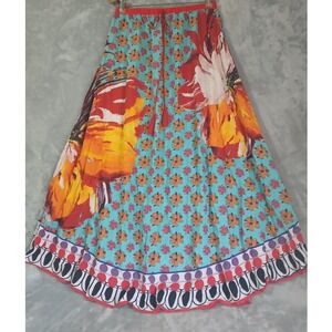 Magic Floral Maxi Skirt XL Turquoise Red Orange Boho Rayon Tassel Drawstring